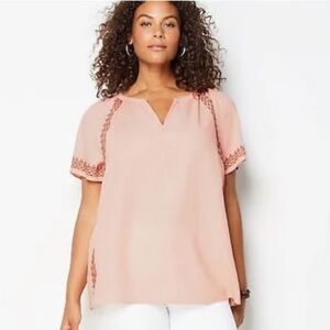 J.jill Iinen short sleeve embroidered v neck woman’s blouse size 1x pink brown